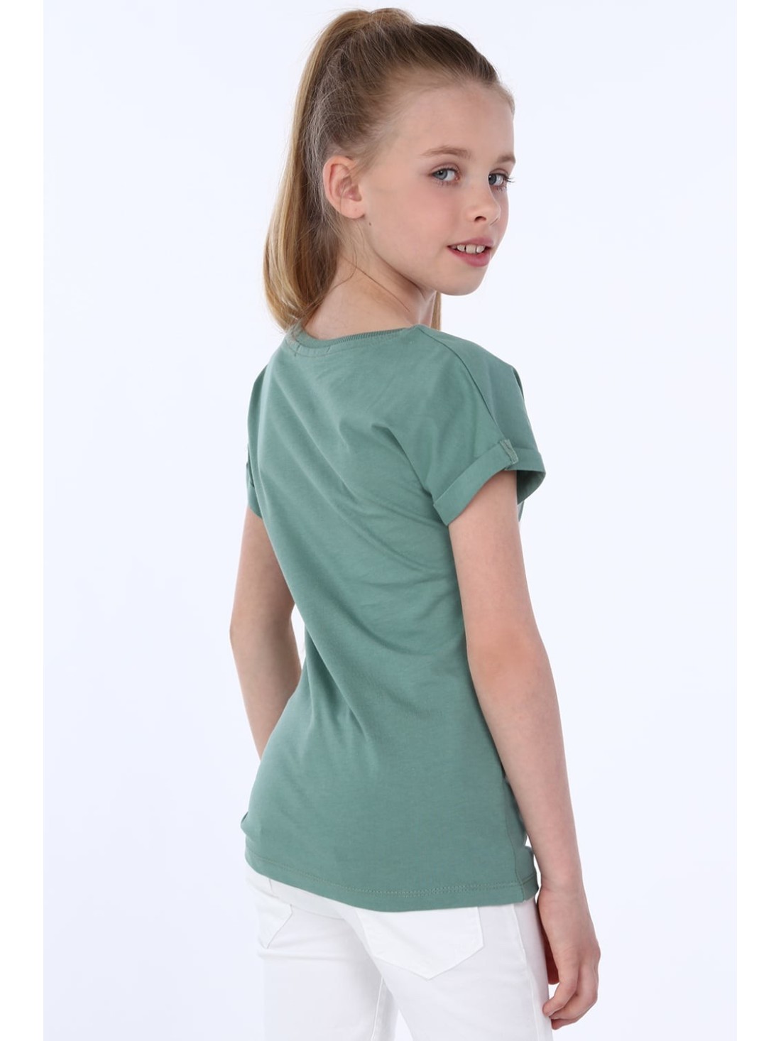 Girls\' T-shirt with inscriptions, green NDZ8168 - Online store - Boutique